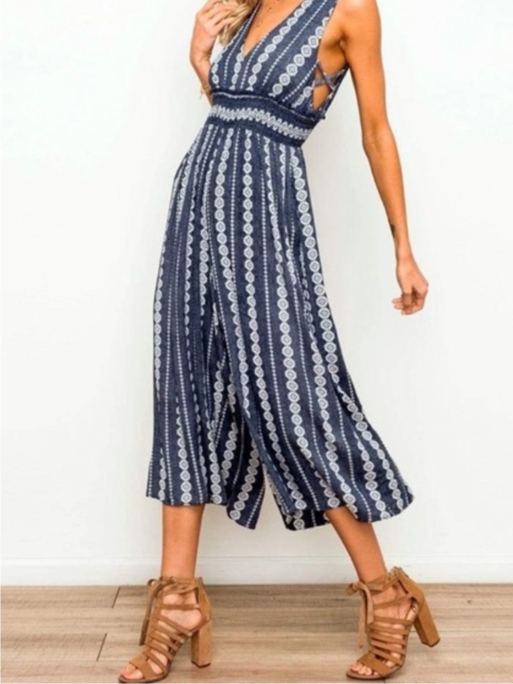 Hem & Thread Navy Striped Wide-Leg Jumpsuit